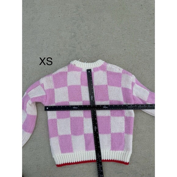 Luna Ivy Pink Cream Check Heart Chunky Knit Long Sleeve Crew Sweater XS - Picture 5 of 5